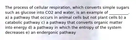 The process of cellular respiration, which converts simple sugars such as glucose into CO2 and water, is an example of __________. a) a pathway that occurs in animal cells but not plant cells b) a catabolic pathway c) a pathway that converts organic matter into energy d) a pathway in which the entropy of the system decreases e) an endergonic pathway