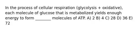 In the process of cellular respiration (glycolysis + oxidative), each molecule of glucose that is metabolized yields enough energy to form ________ molecules of ATP. A) 2 B) 4 C) 28 D) 36 E) 72