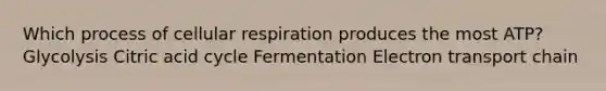 Which process of cellular respiration produces the most ATP? Glycolysis Citric acid cycle Fermentation Electron transport chain