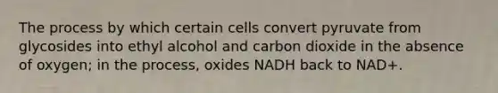 The process by which certain cells convert pyruvate from glycosides into ethyl alcohol and carbon dioxide in the absence of oxygen; in the process, oxides NADH back to NAD+.