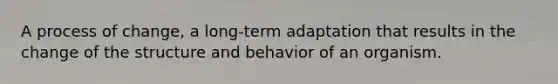 A process of change, a long-term adaptation that results in the change of the structure and behavior of an organism.