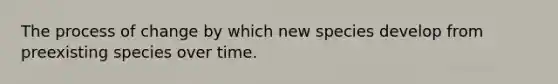 The process of change by which new species develop from preexisting species over time.