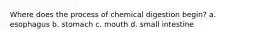 Where does the process of chemical digestion begin? a. esophagus b. stomach c. mouth d. small intestine