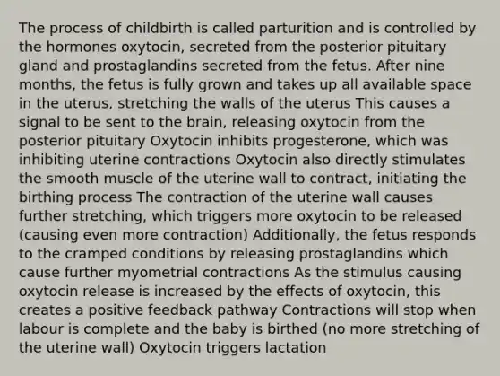 The process of childbirth is called parturition and is controlled by the hormones oxytocin, secreted from the posterior pituitary gland and prostaglandins secreted from the fetus. After nine months, the fetus is fully grown and takes up all available space in the uterus, stretching the walls of the uterus This causes a signal to be sent to <a href='https://www.questionai.com/knowledge/kLMtJeqKp6-the-brain' class='anchor-knowledge'>the brain</a>, releasing oxytocin from the posterior pituitary Oxytocin inhibits progesterone, which was inhibiting uterine contractions Oxytocin also directly stimulates the smooth muscle of the uterine wall to contract, initiating the birthing process The contraction of the uterine wall causes further stretching, which triggers more oxytocin to be released (causing even more contraction) Additionally, the fetus responds to the cramped conditions by releasing prostaglandins which cause further myometrial contractions As the stimulus causing oxytocin release is increased by the effects of oxytocin, this creates a positive feedback pathway Contractions will stop when labour is complete and the baby is birthed (no more stretching of the uterine wall) Oxytocin triggers lactation