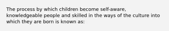 The process by which children become self-aware, knowledgeable people and skilled in the ways of the culture into which they are born is known as: