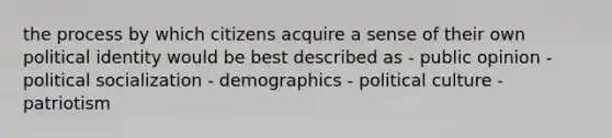 the process by which citizens acquire a sense of their own political identity would be best described as - public opinion -political socialization - demographics - political culture - patriotism