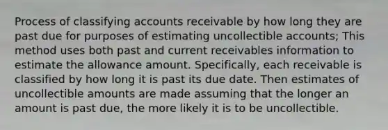 Process of classifying accounts receivable by how long they are past due for purposes of estimating uncollectible accounts; This method uses both past and current receivables information to estimate the allowance amount. Specifically, each receivable is classified by how long it is past its due date. Then estimates of uncollectible amounts are made assuming that the longer an amount is past due, the more likely it is to be uncollectible.