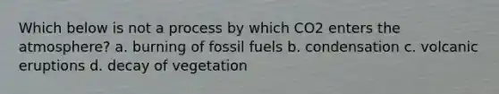 Which below is not a process by which CO2 enters the atmosphere? a. burning of fossil fuels b. condensation c. volcanic eruptions d. decay of vegetation