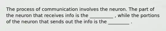 The process of communication involves the neuron. The part of the neuron that receives info is the __________ , while the portions of the neuron that sends out the info is the _________ .