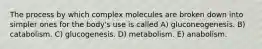 The process by which complex molecules are broken down into simpler ones for the body's use is called A) gluconeogenesis. B) catabolism. C) glucogenesis. D) metabolism. E) anabolism.