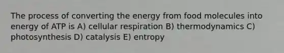 The process of converting the energy from food molecules into energy of ATP is A) <a href='https://www.questionai.com/knowledge/k1IqNYBAJw-cellular-respiration' class='anchor-knowledge'>cellular respiration</a> B) thermodynamics C) photosynthesis D) catalysis E) entropy