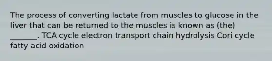 The process of converting lactate from muscles to glucose in the liver that can be returned to the muscles is known as (the) _______. TCA cycle electron transport chain hydrolysis Cori cycle fatty acid oxidation