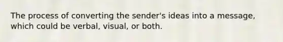 The process of converting the sender's ideas into a message, which could be verbal, visual, or both.