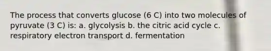 The process that converts glucose (6 C) into two molecules of pyruvate (3 C) is: a. glycolysis b. the citric acid cycle c. respiratory electron transport d. fermentation