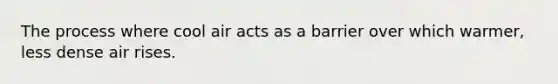 The process where cool air acts as a barrier over which warmer, less dense air rises.