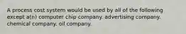 A process cost system would be used by all of the following except a(n) computer chip company. advertising company. chemical company. oil company.