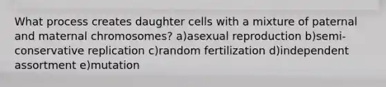 What process creates daughter cells with a mixture of paternal and maternal chromosomes? a)asexual reproduction b)semi-conservative replication c)random fertilization d)independent assortment e)mutation