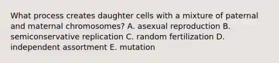 What process creates daughter cells with a mixture of paternal and maternal chromosomes? A. asexual reproduction B. semiconservative replication C. random fertilization D. independent assortment E. mutation