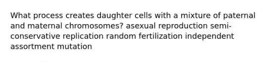 What process creates daughter cells with a mixture of paternal and maternal chromosomes? asexual reproduction semi-conservative replication random fertilization independent assortment mutation