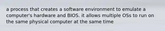 a process that creates a software environment to emulate a computer's hardware and BIOS. it allows multiple OSs to run on the same physical computer at the same time