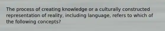 The process of creating knowledge or a culturally constructed representation of reality, including language, refers to which of the following concepts?