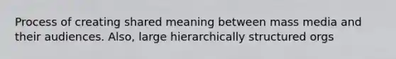 Process of creating shared meaning between mass media and their audiences. Also, large hierarchically structured orgs