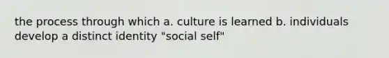 the process through which a. culture is learned b. individuals develop a distinct identity "social self"