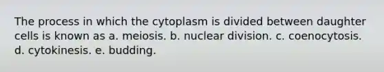 The process in which the cytoplasm is divided between daughter cells is known as a. meiosis. b. nuclear division. c. coenocytosis. d. cytokinesis. e. budding.