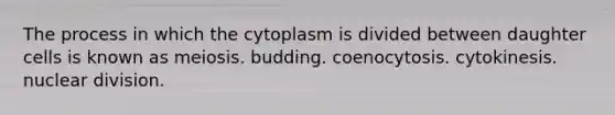 The process in which the cytoplasm is divided between daughter cells is known as meiosis. budding. coenocytosis. cytokinesis. nuclear division.