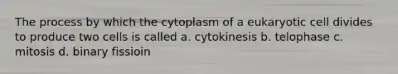 The process by which the cytoplasm of a eukaryotic cell divides to produce two cells is called a. cytokinesis b. telophase c. mitosis d. binary fissioin