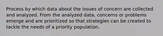 Process by which data about the issues of concern are collected and analyzed. From the analyzed data, concerns or problems emerge and are prioritized so that strategies can be created to tackle the needs of a priority population.