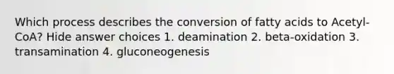 Which process describes the conversion of fatty acids to Acetyl-CoA? Hide answer choices 1. deamination 2. beta-oxidation 3. transamination 4. gluconeogenesis