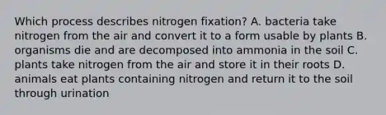 Which process describes nitrogen fixation? A. bacteria take nitrogen from the air and convert it to a form usable by plants B. organisms die and are decomposed into ammonia in the soil C. plants take nitrogen from the air and store it in their roots D. animals eat plants containing nitrogen and return it to the soil through urination