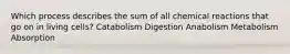 Which process describes the sum of all chemical reactions that go on in living cells? ​Catabolism ​Digestion ​Anabolism ​Metabolism ​Absorption