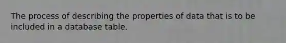 The process of describing the properties of data that is to be included in a database table.