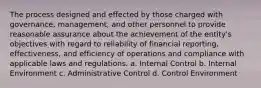 The process designed and effected by those charged with governance, management, and other personnel to provide reasonable assurance about the achievement of the entity's objectives with regard to reliability of financial reporting, effectiveness, and efficiency of operations and compliance with applicable laws and regulations. a. Internal Control b. Internal Environment c. Administrative Control d. Control Environment