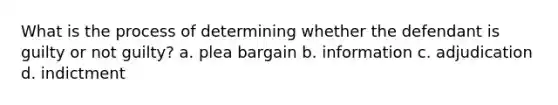What is the process of determining whether the defendant is guilty or not guilty? a. plea bargain b. information c. adjudication d. indictment