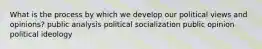 What is the process by which we develop our political views and opinions? public analysis political socialization public opinion political ideology