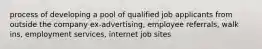 process of developing a pool of qualified job applicants from outside the company ex-advertising, employee referrals, walk ins, employment services, internet job sites