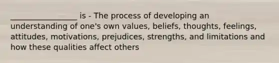 _________________ is - The process of developing an understanding of one's own values, beliefs, thoughts, feelings, attitudes, motivations, prejudices, strengths, and limitations and how these qualities affect others