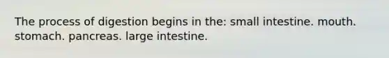 The process of digestion begins in the: small intestine. mouth. stomach. pancreas. large intestine.