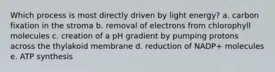 Which process is most directly driven by light energy? a. carbon fixation in the stroma b. removal of electrons from chlorophyll molecules c. creation of a pH gradient by pumping protons across the thylakoid membrane d. reduction of NADP+ molecules e. ATP synthesis