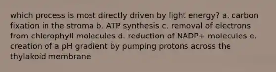 which process is most directly driven by light energy? a. carbon fixation in the stroma b. <a href='https://www.questionai.com/knowledge/kx3XpCJrFz-atp-synthesis' class='anchor-knowledge'>atp synthesis</a> c. removal of electrons from chlorophyll molecules d. reduction of NADP+ molecules e. creation of a pH gradient by pumping protons across the thylakoid membrane