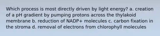 Which process is most directly driven by light energy? a. creation of a pH gradient by pumping protons across the thylakoid membrane b. reduction of NADP+ molecules c. carbon fixation in the stroma d. removal of electrons from chlorophyll molecules