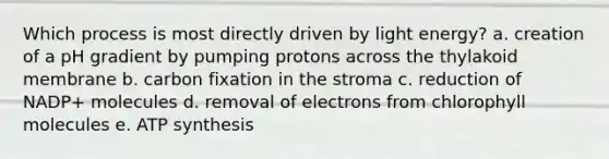 Which process is most directly driven by light energy? a. creation of a pH gradient by pumping protons across the thylakoid membrane b. carbon fixation in the stroma c. reduction of NADP+ molecules d. removal of electrons from chlorophyll molecules e. ATP synthesis