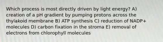 Which process is most directly driven by light energy? A) creation of a pH gradient by pumping protons across the thylakoid membrane B) ATP synthesis C) reduction of NADP+ molecules D) carbon fixation in the stroma E) removal of electrons from chlorophyll molecules