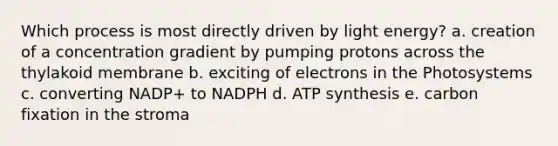 Which process is most directly driven by light energy? a. creation of a concentration gradient by pumping protons across the thylakoid membrane b. exciting of electrons in the Photosystems c. converting NADP+ to NADPH d. <a href='https://www.questionai.com/knowledge/kx3XpCJrFz-atp-synthesis' class='anchor-knowledge'>atp synthesis</a> e. carbon fixation in the stroma