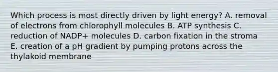 Which process is most directly driven by light energy? A. removal of electrons from chlorophyll molecules B. ATP synthesis C. reduction of NADP+ molecules D. carbon fixation in the stroma E. creation of a pH gradient by pumping protons across the thylakoid membrane