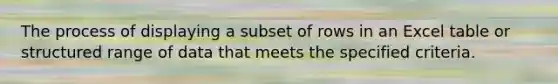 The process of displaying a subset of rows in an Excel table or structured range of data that meets the specified criteria.