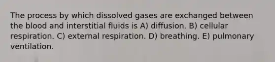 The process by which dissolved gases are exchanged between the blood and interstitial fluids is A) diffusion. B) cellular respiration. C) external respiration. D) breathing. E) pulmonary ventilation.